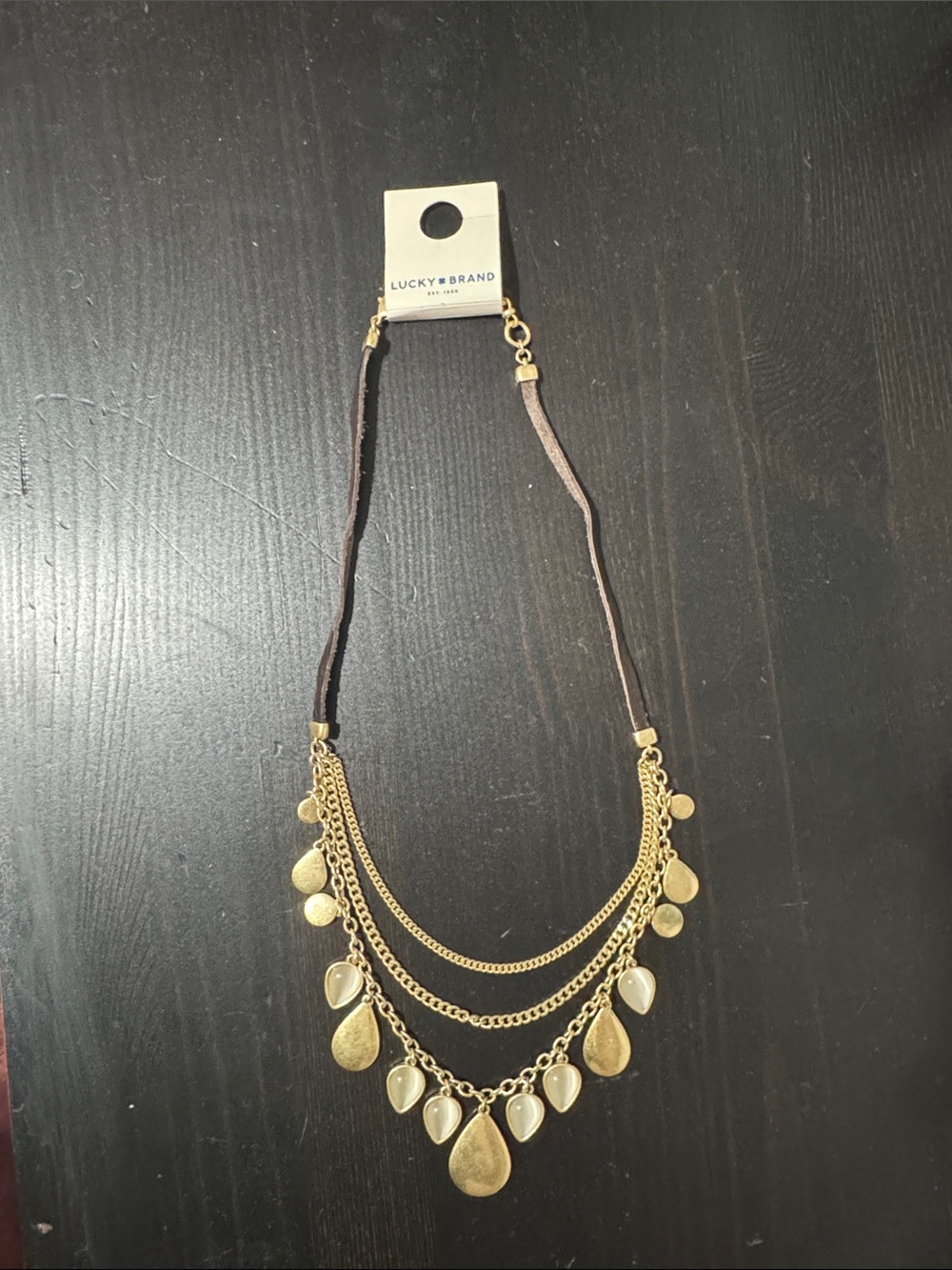 Lucky Brand Gold-Tone Layered Teardrop Necklace with Brown Cord